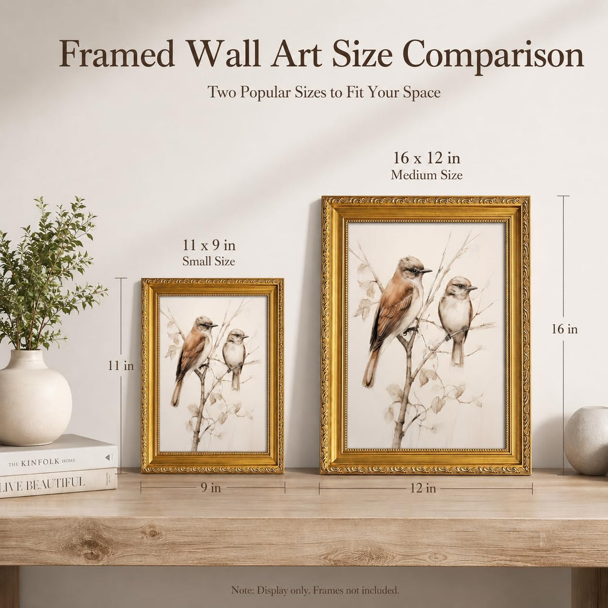 Gold Framed Bird Canvas Wall Art Vintage Birds Wall Decor Aesthetic Sparrow on Branch Painting Picture Rustic Farmhouse for Living Room Kitchen Bedroom Decor 9X11in (Neutral birds / 11L" x 9W")