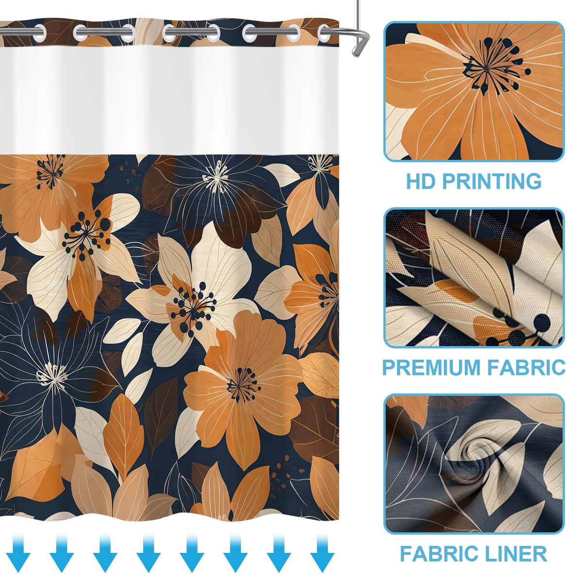 No Hook Boho Flower Shower Curtain with Snap in Liner Set Minimalism Floral Shower Curtain Design Modern Abstract Waterproof Fabric Farmhouse Bathroom Hotel Decor 71x74 Inch (Black Yellow)