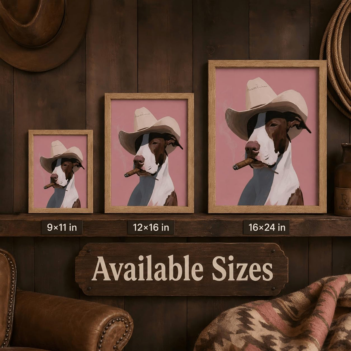 Vintage Cowboy Bull Terrier Framed Wall Art Funny Western Dog Decor (Smoking dog / 24"L x 16"W)