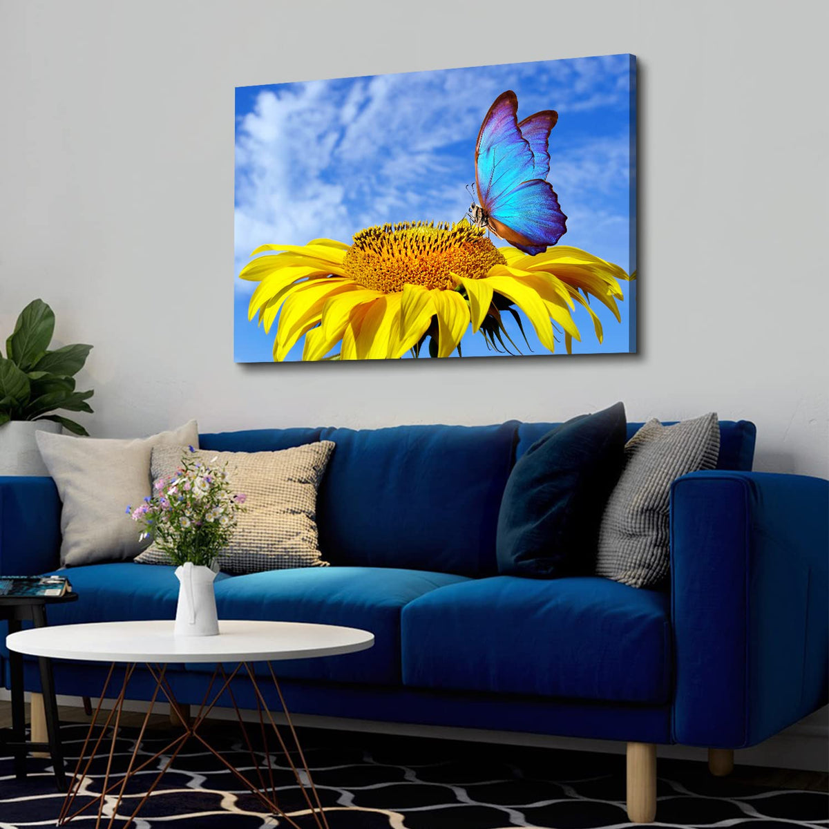 Sunflower Wall Art Bathroom Decor Blue Butterfly Canvas Pictures for Bedroom Sunflower Wall Decor Floral Posters Living Room Kitchen Home Decoration Yellow Sunshine Flower Painting Modern Artwork 24x36" (36"L x 24"W / Sunflower Butterfly)