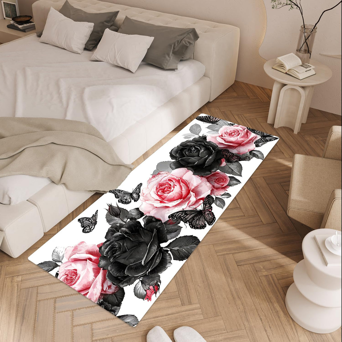 Pink and Black Rose Valentine's Day Laundry Room Rug 20x47 Inch (#54)