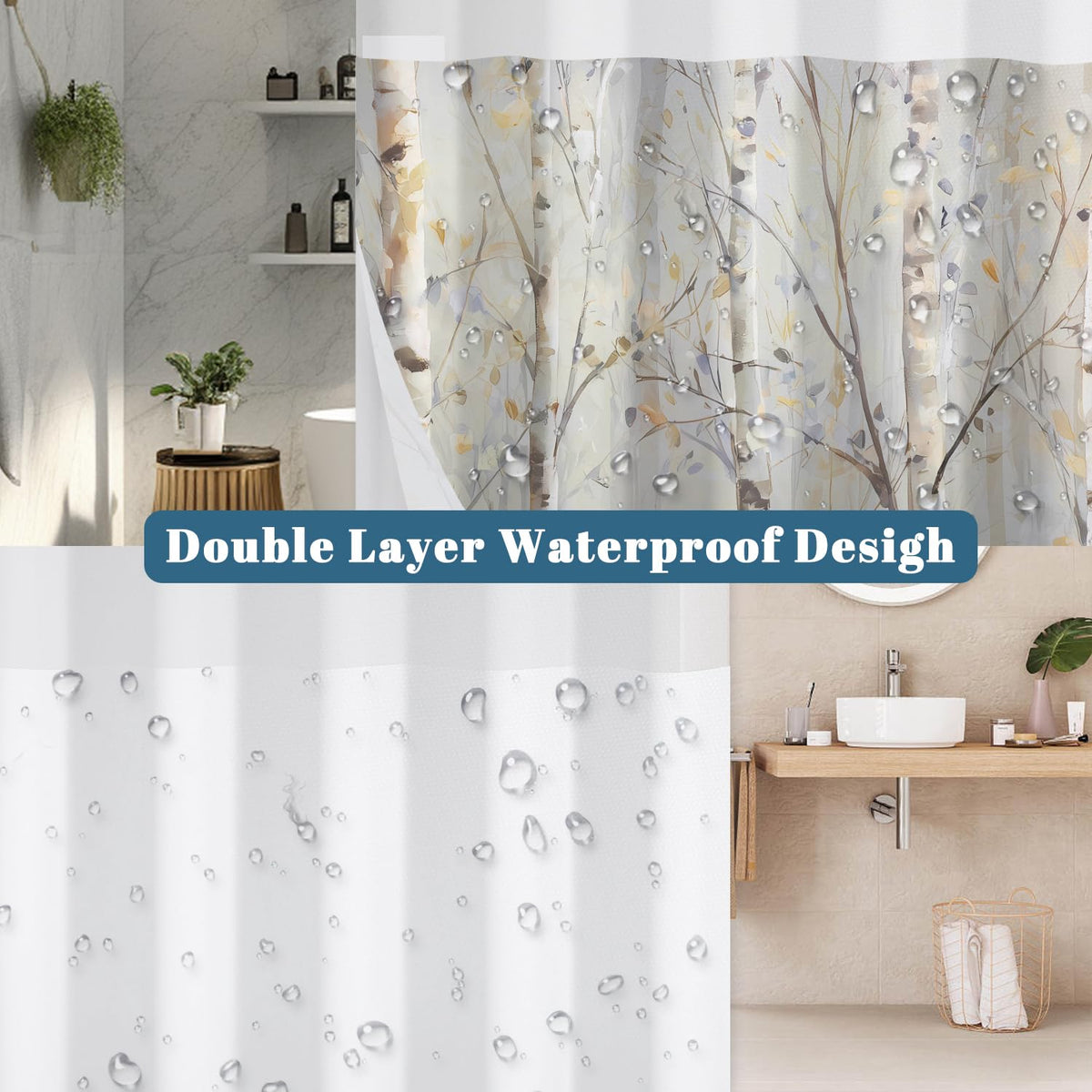 Watercolor Birch Tree Shower Curtain with Snap in Liner (Forest Tree)
