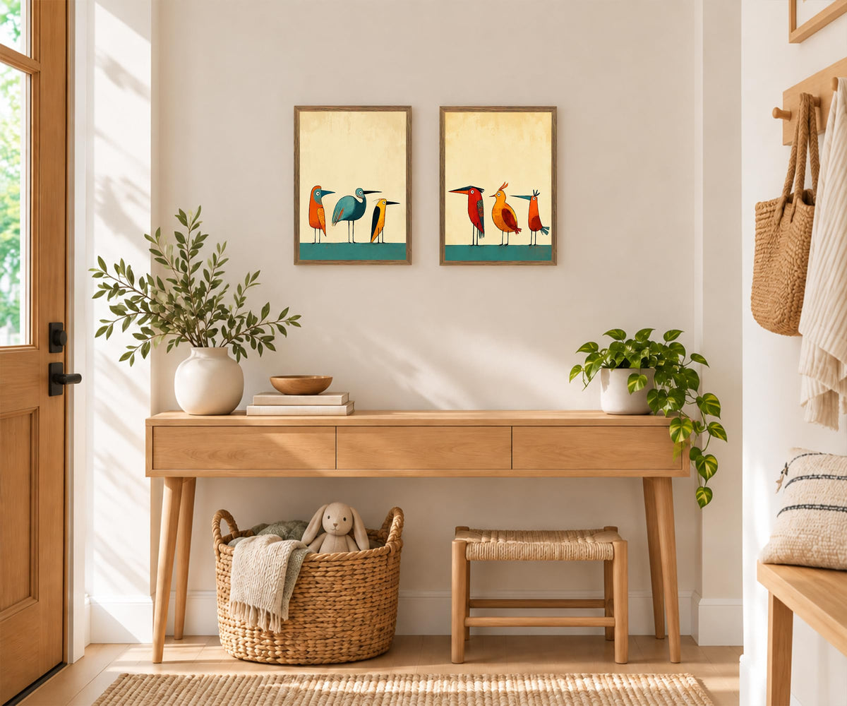 Mid Century Modern Bird Wall Art Colorful Birds on Wire Canvas Print (Birds / 24"L x 16"W)