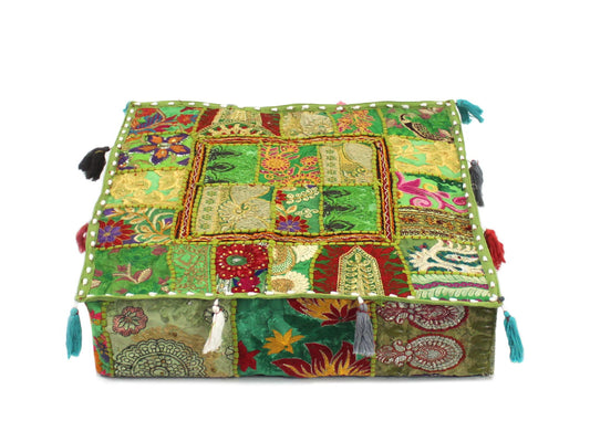 Indian Square Patchwork Traditional Pouf Cover Indian Living Room Poufs Decorative Embroidered Designer Ottoman Home Living Footstool Chair Cover Decor Pillow Cover 18x18x5 inches (18"D x 18"W x 5"H / Green)