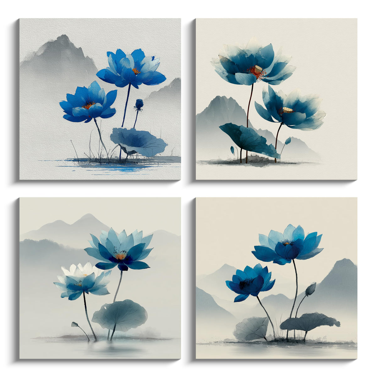4PCS Blue Lotus Flower Wall Art Oriental Ink Painting Style Watercolor Botanical Canvas Print Traditional Chinese Zen Artwork Mountain Landscape Decor for Living Room Bedroom Meditation Space (12X12inchX4 / Blue Lotus-1)