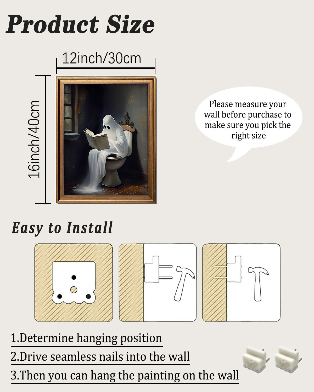 Vintage Halloween Ghost on Toilet Reading Book Gold Framed Wall Art 12x16In (Ghost / 16"L x 12"W)