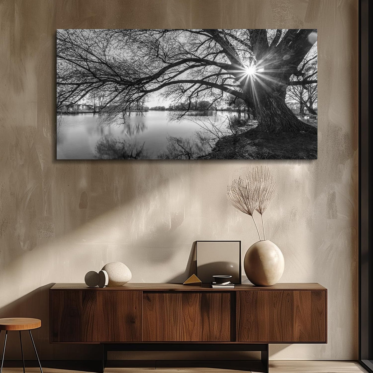 Large Living Room Wall Decor Black and White Forest Picture Sunshine Painting Tree Artwork Decor Lake Canvas Prints Nature Landscape Posters Wall Art Bedroom Framed Office Home Decoration (2LaTre02 / 60"L x 30"W)
