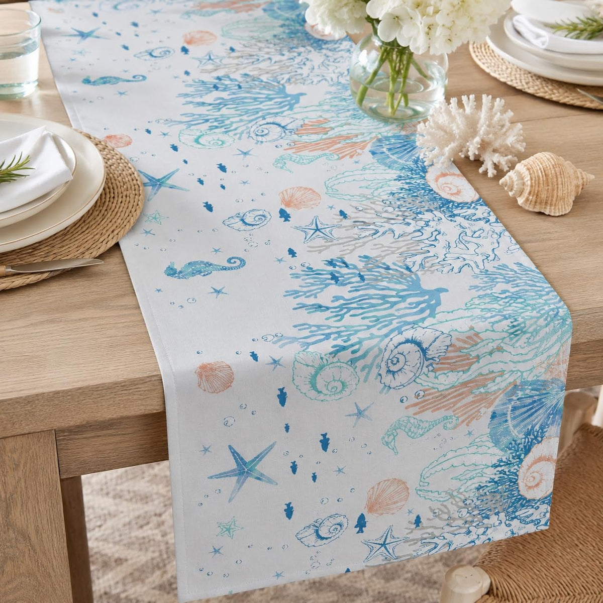 Coastal Beach Table Runner (13x72inch / Ocean Blue & Coral)