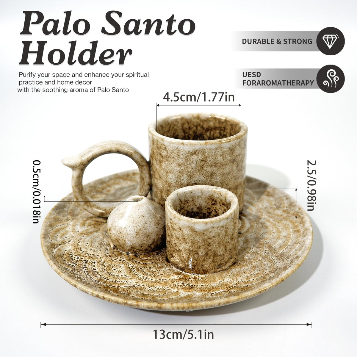 5 in 1 Ceramic Tabletop Incense Burner Holder for Palo Santo (Brown)