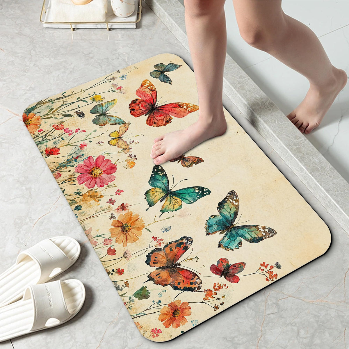 Retro Butterfly Flowers Bathroom Rug 29.5"x17" (Retro Butterfly Flowers)