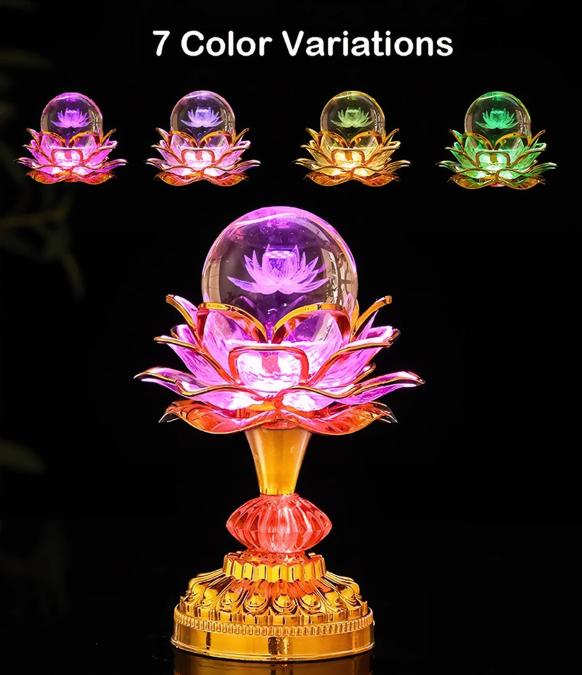 Colorful LED Crystal Ball Lotus Buddhist Lamp (Pale Gold)