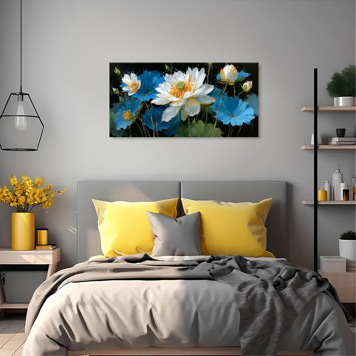 Blue White Lotus Flower Wall Art Canvas Picture for Living Room Water Lily Zen Painting Vintage Abstract Black and White Prints Artwork Poster Meditation Spa Wall Decor Home Bedroom Decorations 20x40” (40"L x 20"W / Blue Lotus)