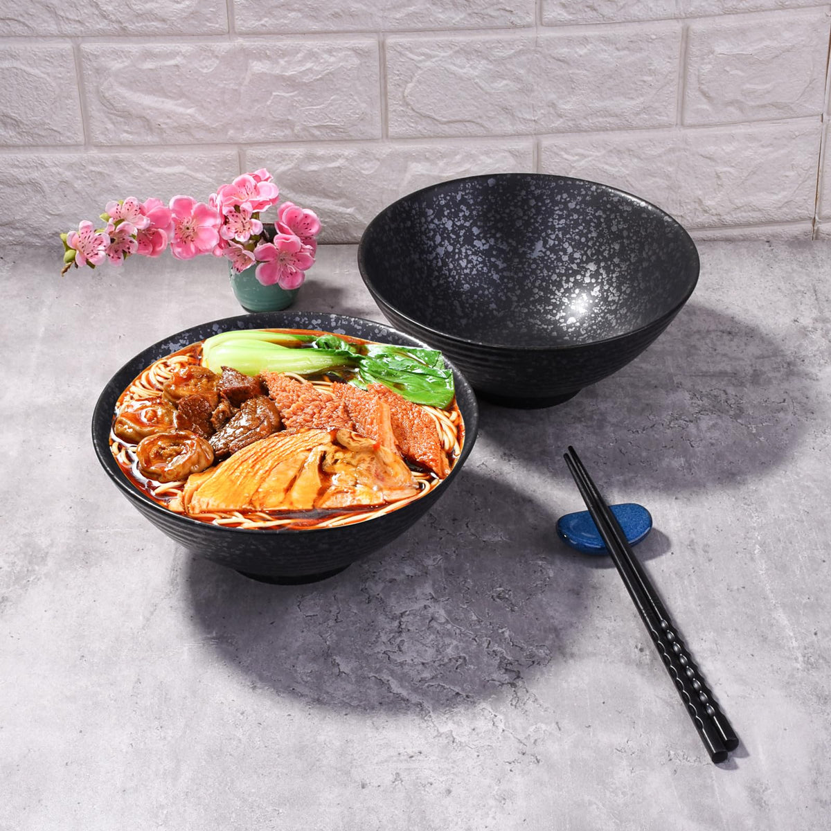 Japanese Ceramic Noodle Bowl Set of 2 (Black)