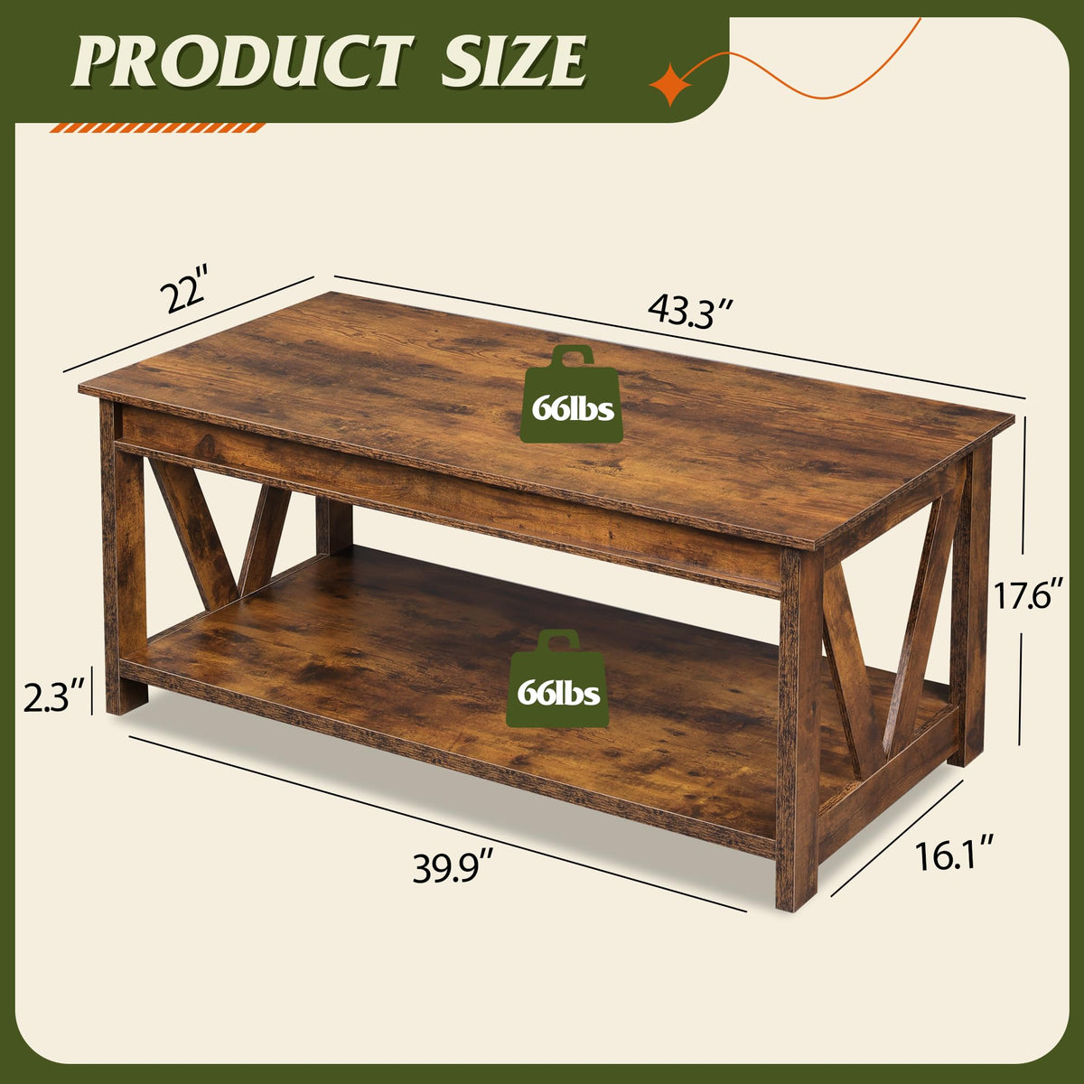 Coffee Table 43.3 Inch Farmhouse Table with Storage (Rustic Brown)