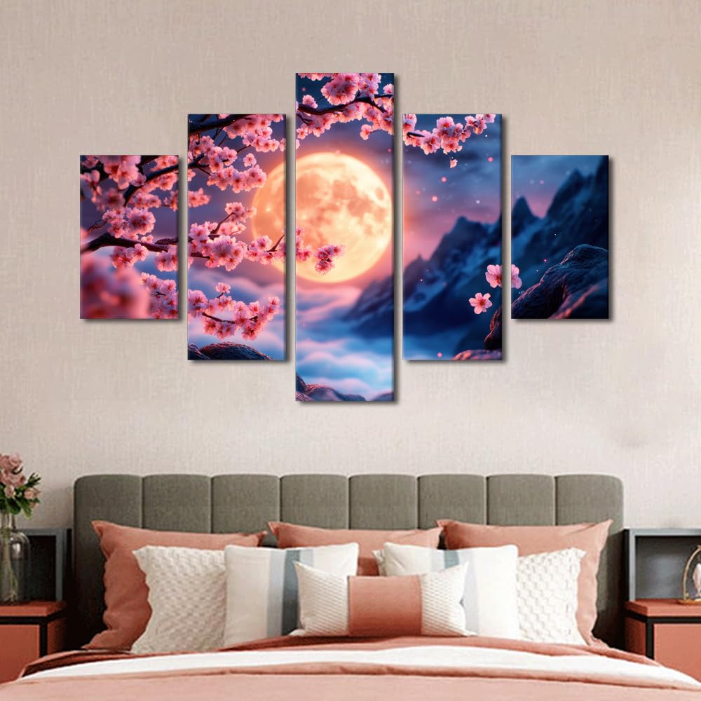 Canvas Wall Art Premium Cherry Blossoms Glow In Moonbeams Large Framed Poster Serene Mountain Backdrop Decor Meditation Space Wall Display Five Panel Floral Artwork 60" Wx40 H (60''Wx40''H / Artwork-07)