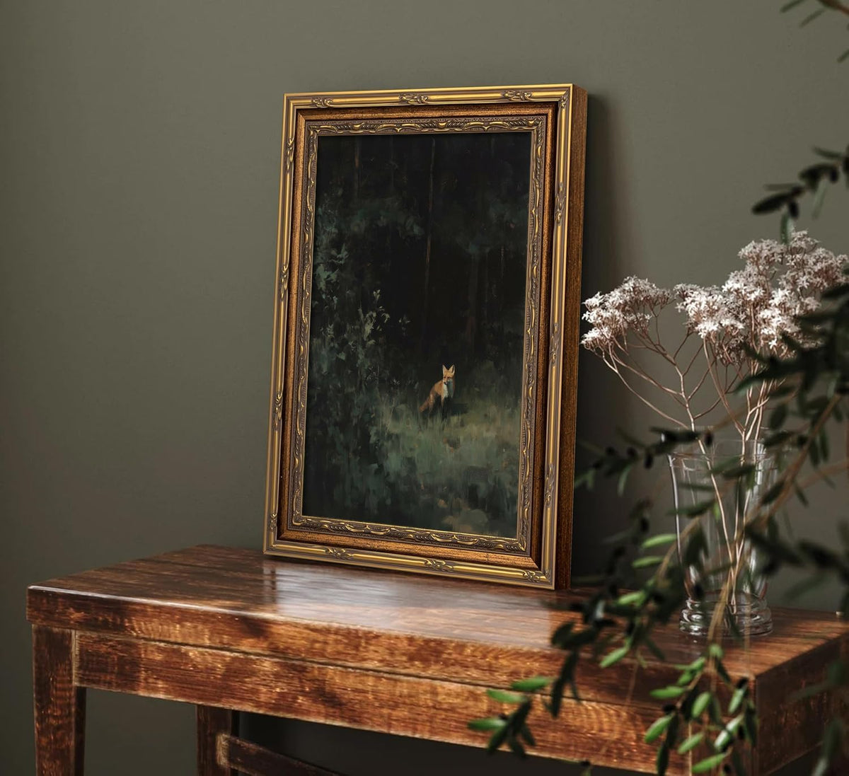 Vintage Gold Framed Wall Art Dark Academia Fox Canvas Wall Decor Forest Wildlife Picture Retro Woodland Animals Fox Print Artwork for Bedroom Living Room Rustic Cabin Farmhouse (forest Fox / 24"L x 16"W)