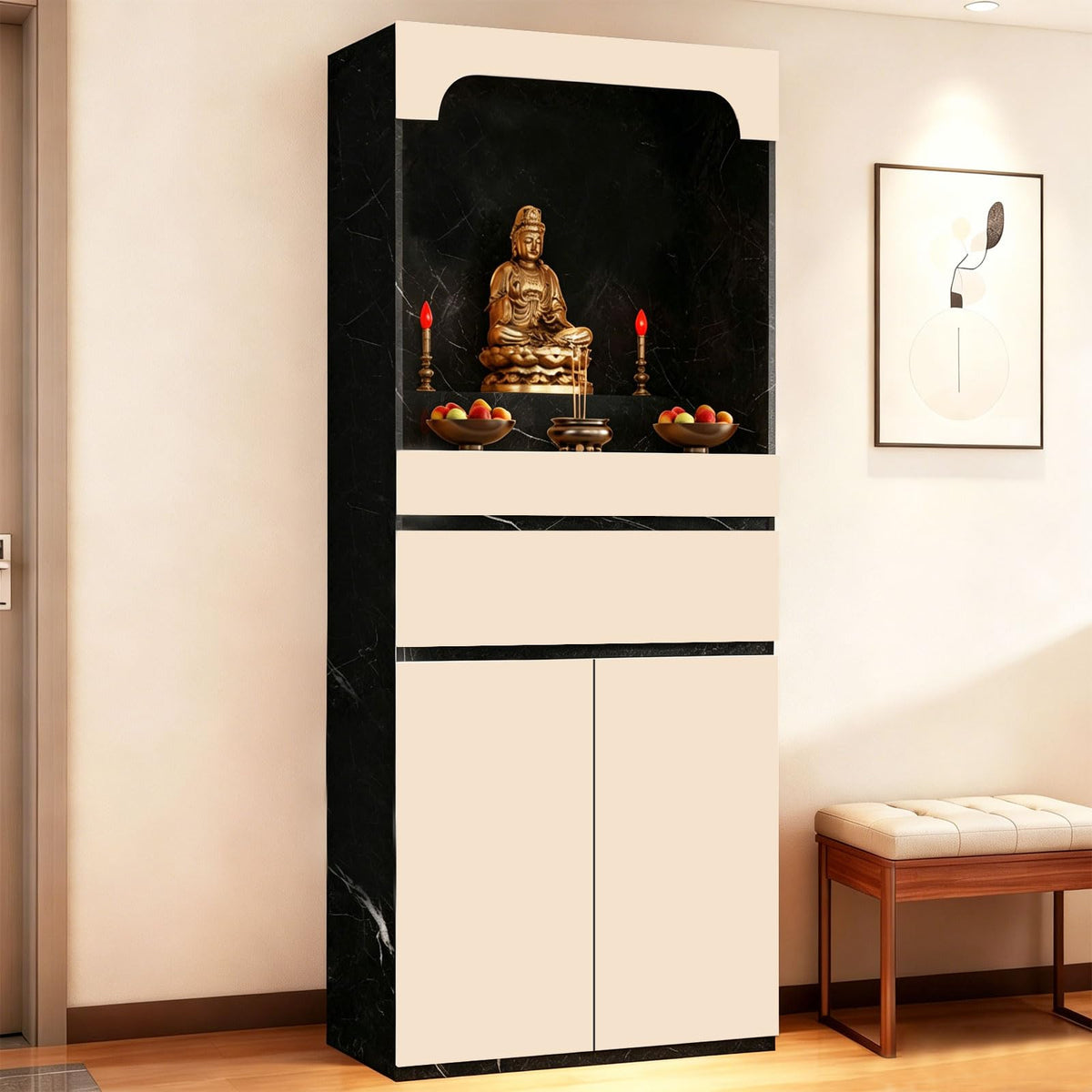 Altar Table Pooja Cabinet with Drawers and Storage Cabinets (23.6×15.7×65.4in / Beige+black Grain)