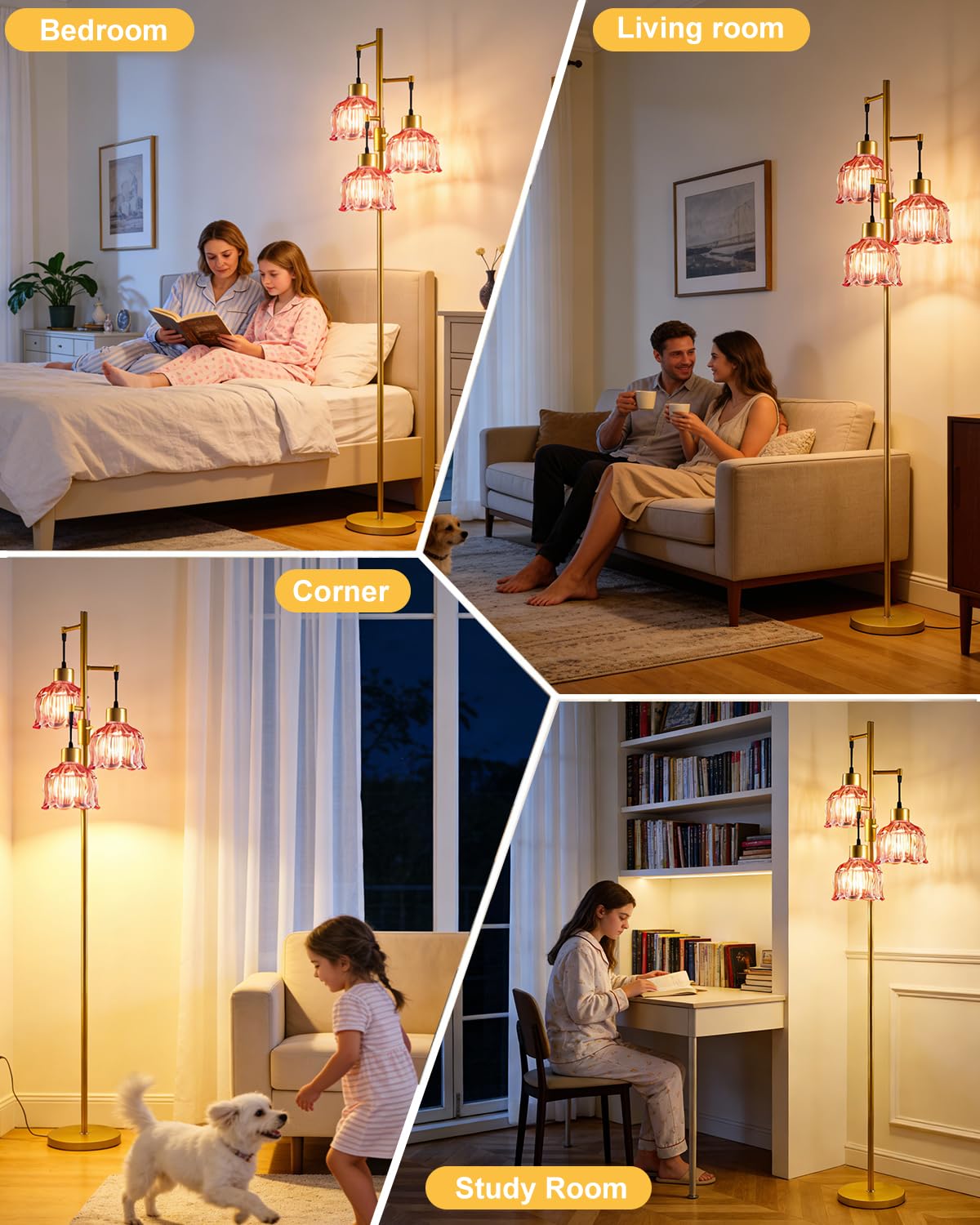 Floral Floor Lamp Dimmable Floor Flower Lamp Red Glass Shade (3 Deep Red Cloche Hat-Gold)
