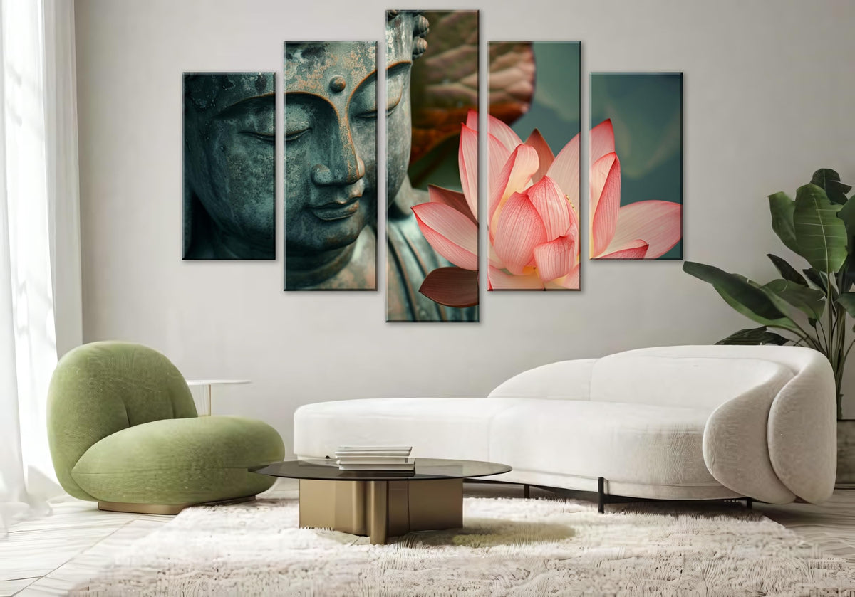 5Pcs Zen Buddha Lotus Flower Canvas Wall Art Spiritual Decor for Meditation Peaceful Home Decor Asian Cultural Symbolism Tranquil Art for Living Room Bedroom Office Ready to Hang (10"L x 16"W, 10"L x 24"W, 10"L x 32"W / 5PCS-Buddha)
