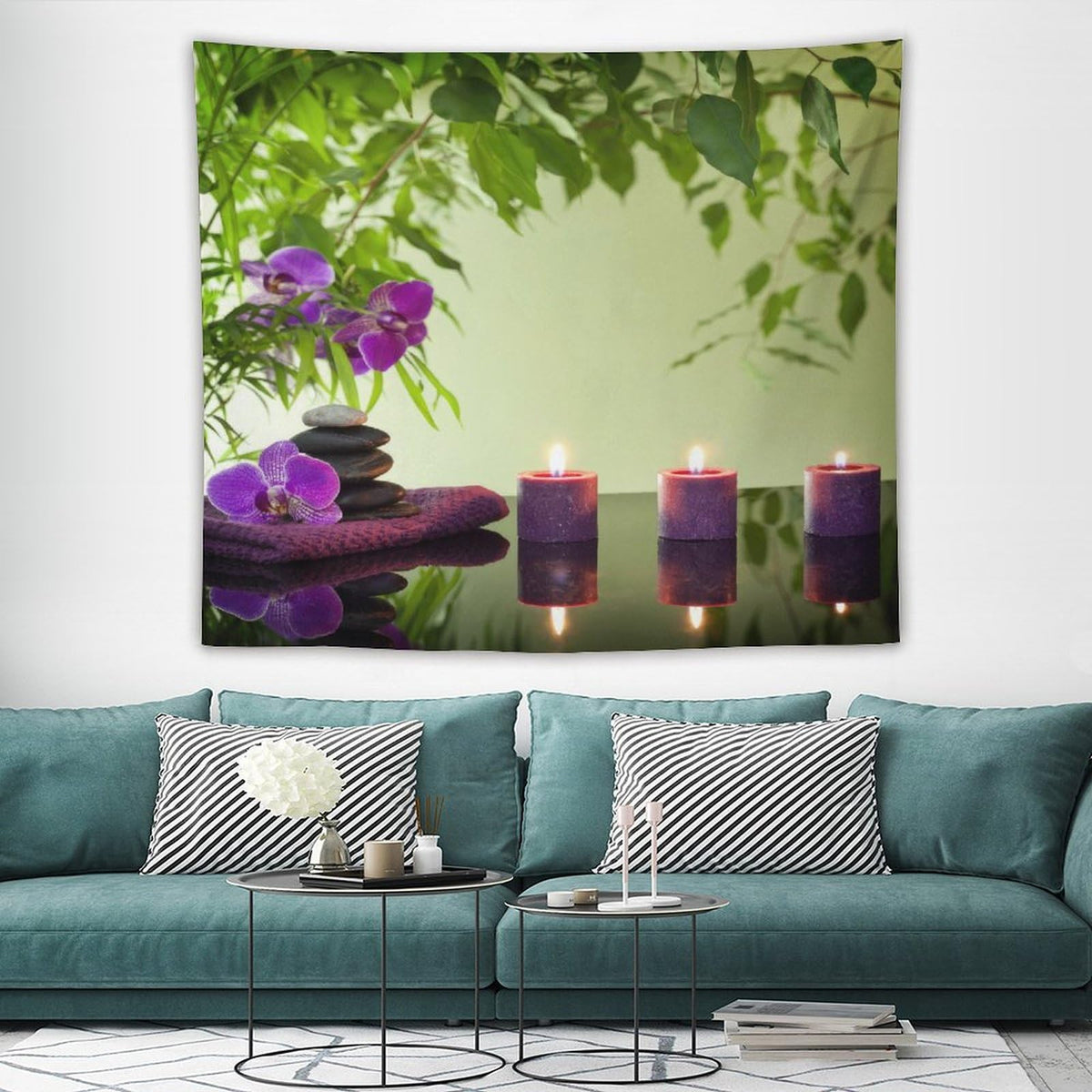 Spa Tapestry Wall Hanging Stones Aromatic Candles and Orchids Blooms Treatment Vacation Tapestries Home Decor for Living Room Bedroom Farmhouse Kitchen Dorm 50"x60" (50"L x 60"W / Zen-12)