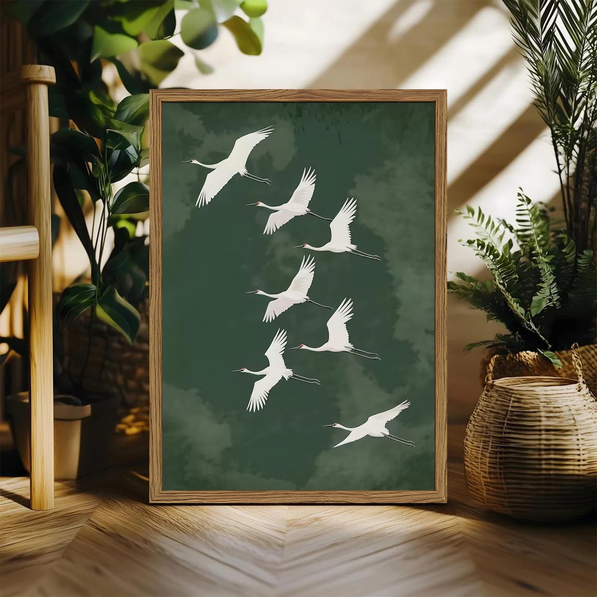 Framed Japanese Flying Cranes Wall Art (White / 24"L x 16"W)