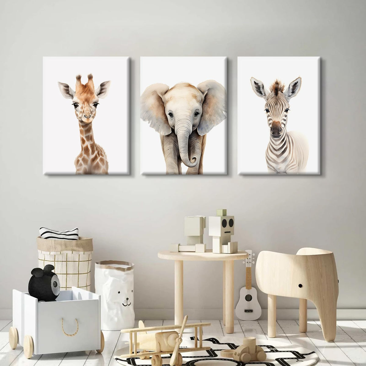 Nursery Animal Wall Art Safari Baby Wall Decor Boy Room Nursery Canvas Prints Jungle Animal Art Pictures Kids Cute Safari Poster for Girl Bedroom 12x16 Inch Wrapped Canvas Set of 3 (12x16 Inch Wrapped Canvas / Elephant Giraffe Prints)