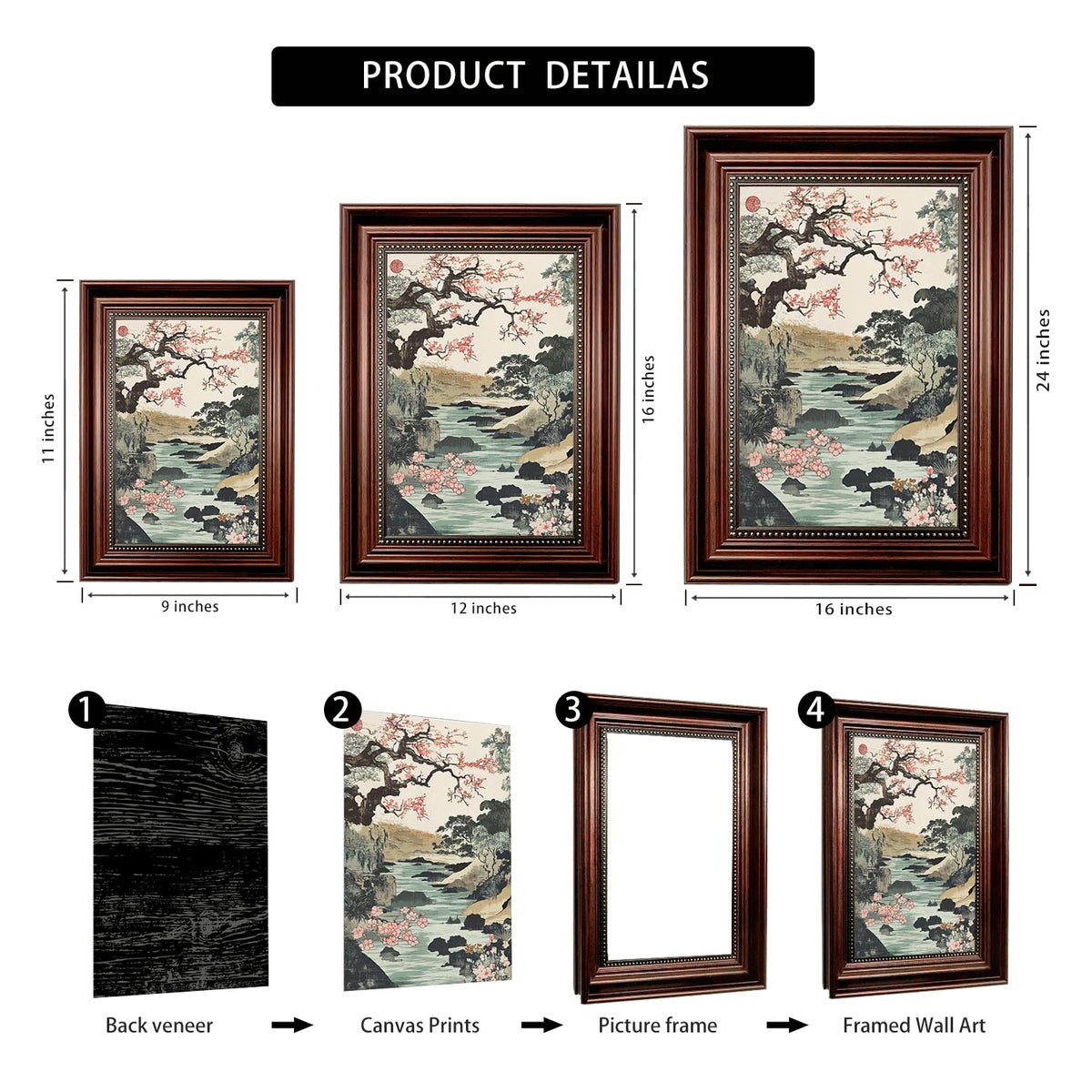 Dark Brown Framed Japanese Cherry Landscape ink painting 16x24 in (Cherry Blossom Landscape / 24"L x 16"W)
