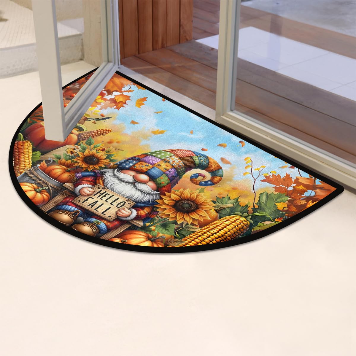 Gnome Autumn Half Round Door Mat Non Slip Washable Semi Circle Area Rug Absorbent Soft Half Moon Rug Floor Mat for Indoor Outdoor Kitchen Bathroom Patio Front Door Mat Decor (B72)