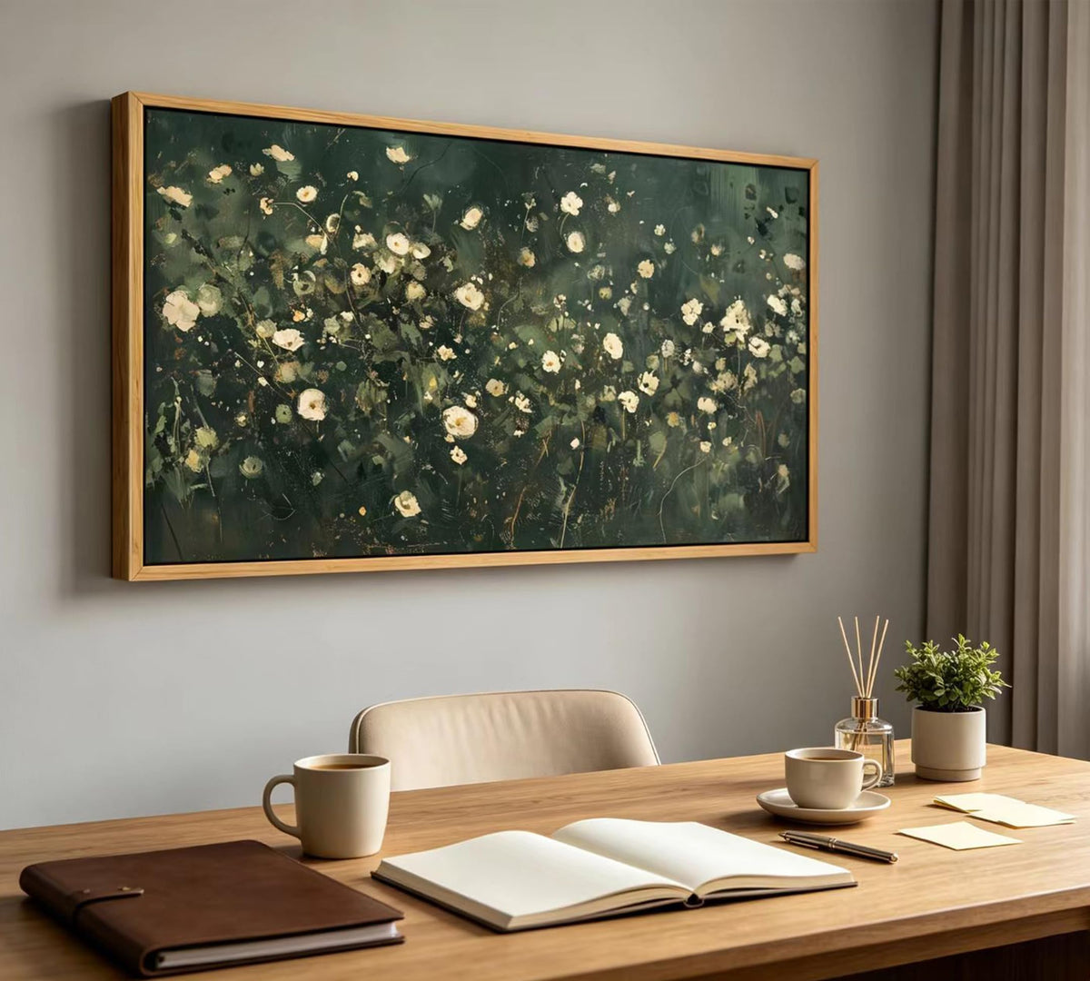 Large Abstract Floral Wall Art Dark Green White Botanical Wildflower Wall Decor Emerald Green Wildflower Painting for Living room Balcony Hotel Entryway Bedroom Home Decoration (Green Flower / 48"L x 24"W)
