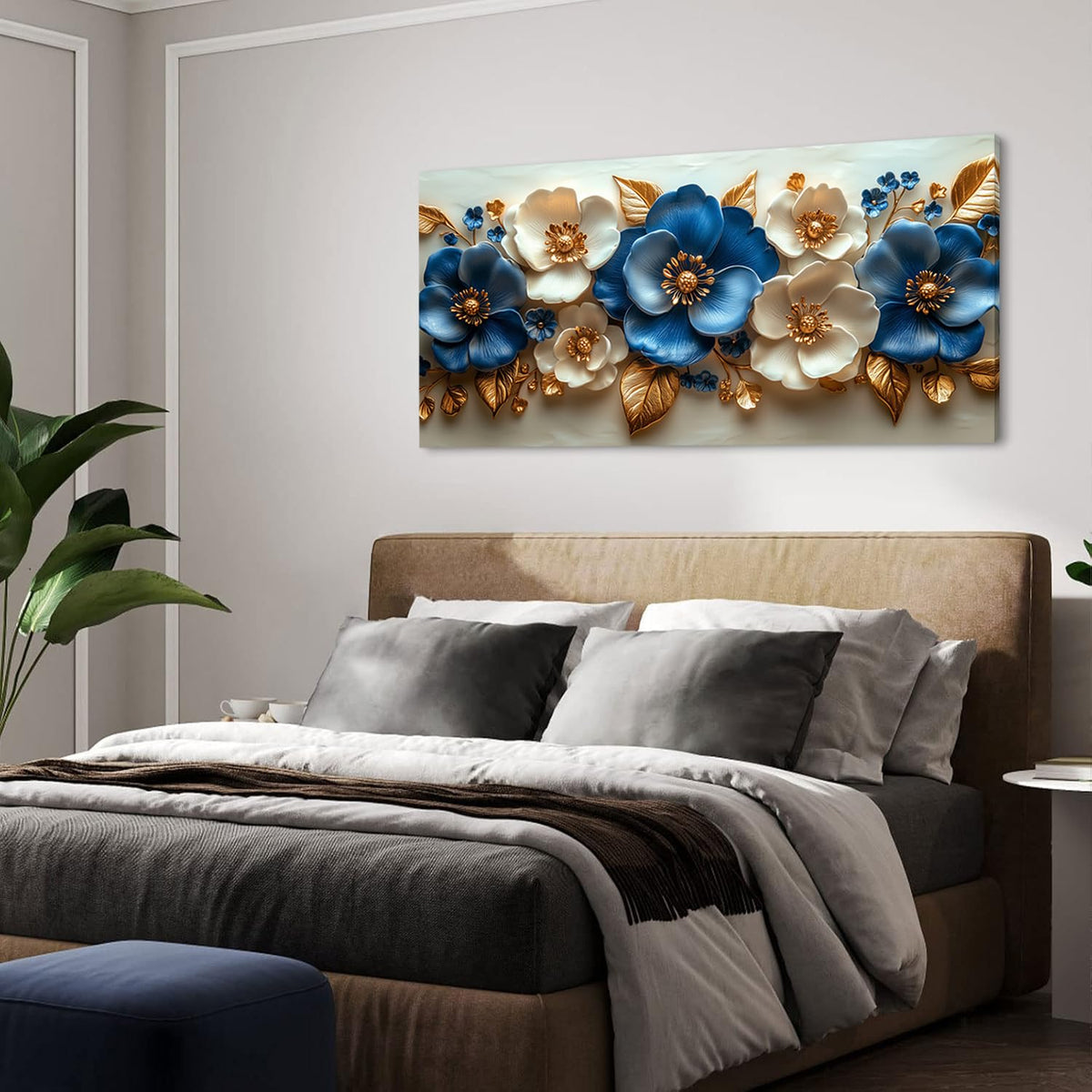 Abstract Beautiful Floral Flower Wall Art for Living Room Office Contemporary Art Deco White Nature Plant Painting Prints Modern Elegant Canvas Artwork Over the Couch Bedroom Decor (40"L x 20"W / Blue and White Flower Wall Art (K867))