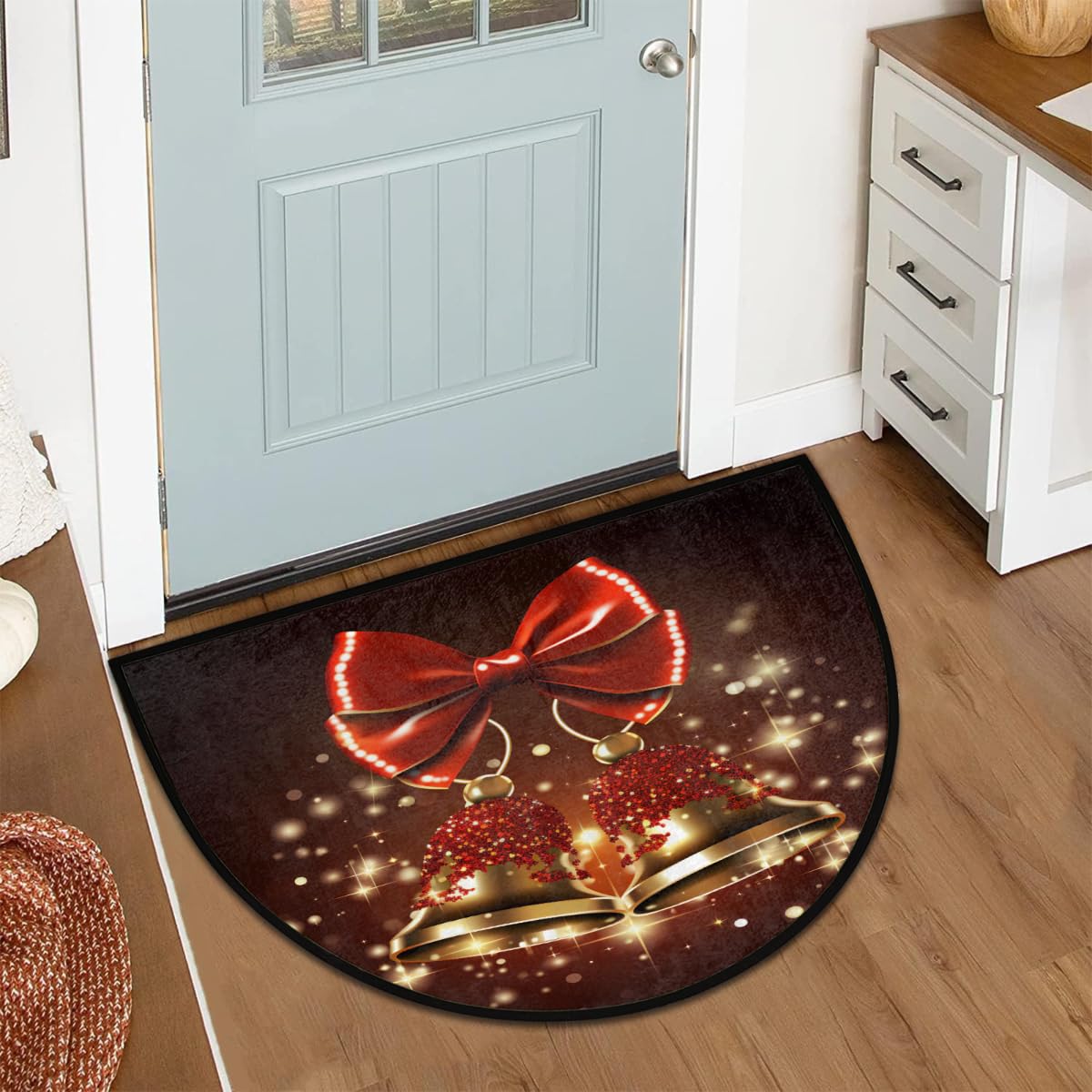 Christmas Red Bells Xmas Half Round Door Mat Outdoor Entrance Large 24"x36" Half Circle Welcome Entrance Way Mat Semi Circular Front Door Mat Area Rug for Garage (G 02)
