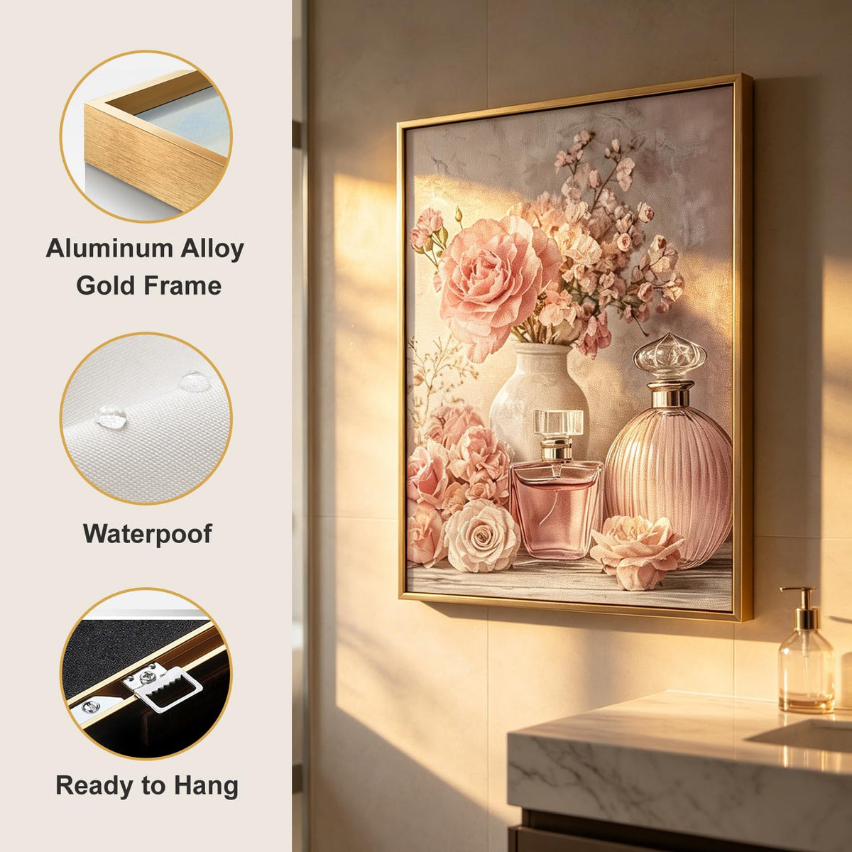 Gold Framed Pink Roses Flower Canvas Wall Art Perfume Bottle Picture (Pink Roses Flowers / 16"L x 12"W)