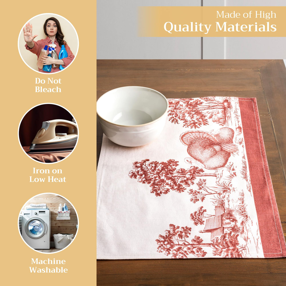 Placemats Set of 4 Reusable 100% Cotton (101 - Holy Jouy - Brown / 13" X 19" (Pack of 4))