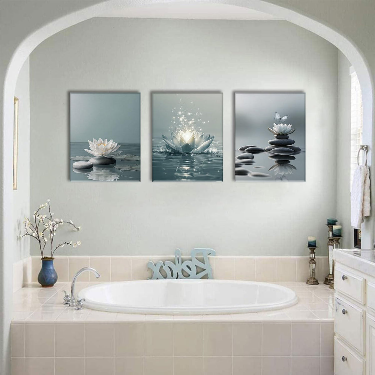 3 Piece Lotus Flower Wall Art Zen Bathroom Wall Decor Spiritual Canvas Art Yoga Room Pictures Meditation Paintings Spa Artwork For Living Room Bedroom (Lotus White / 16x24in)