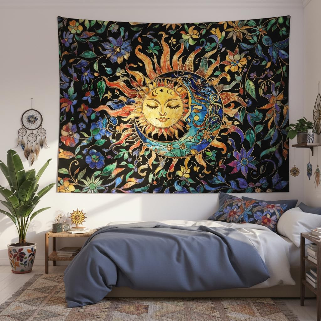 Sun and Moon Tapestry for Bedroom Boho Hippie Floral Wall Tapestry Aesthetic Vintage Stained Glass Plant Small Tapestries Wall Hanging for Living Room Dorm 48 x 36 Inch (Stained Glass Orange / 48"L x 36"W)
