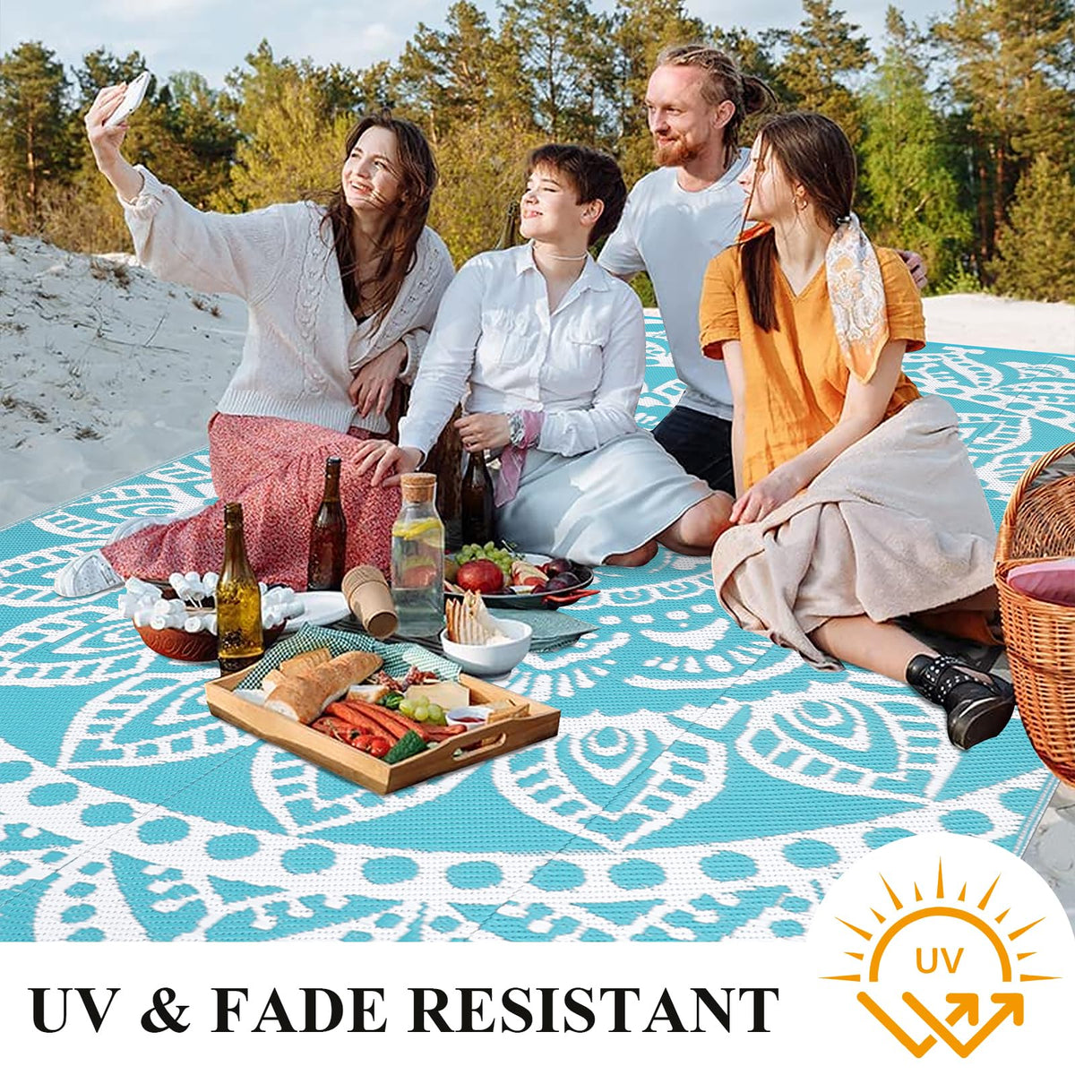 Waterproof Outdoor Rug 6'x9' Reversible Boho Plastic Straw Patio Deck Camping Rugs (Flower Teal / 6' x 9')