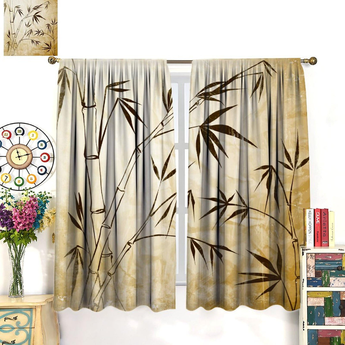 Vintage Bamboo Blackout Curtains for Kitchen Asian Japanese Rural Old Zen Bamboo Plant Landscape Window Treatments Print for Boys Girls Bedroom Living Room 42x63in (21"W x 63"L (Pack of 2) / Zen-14)