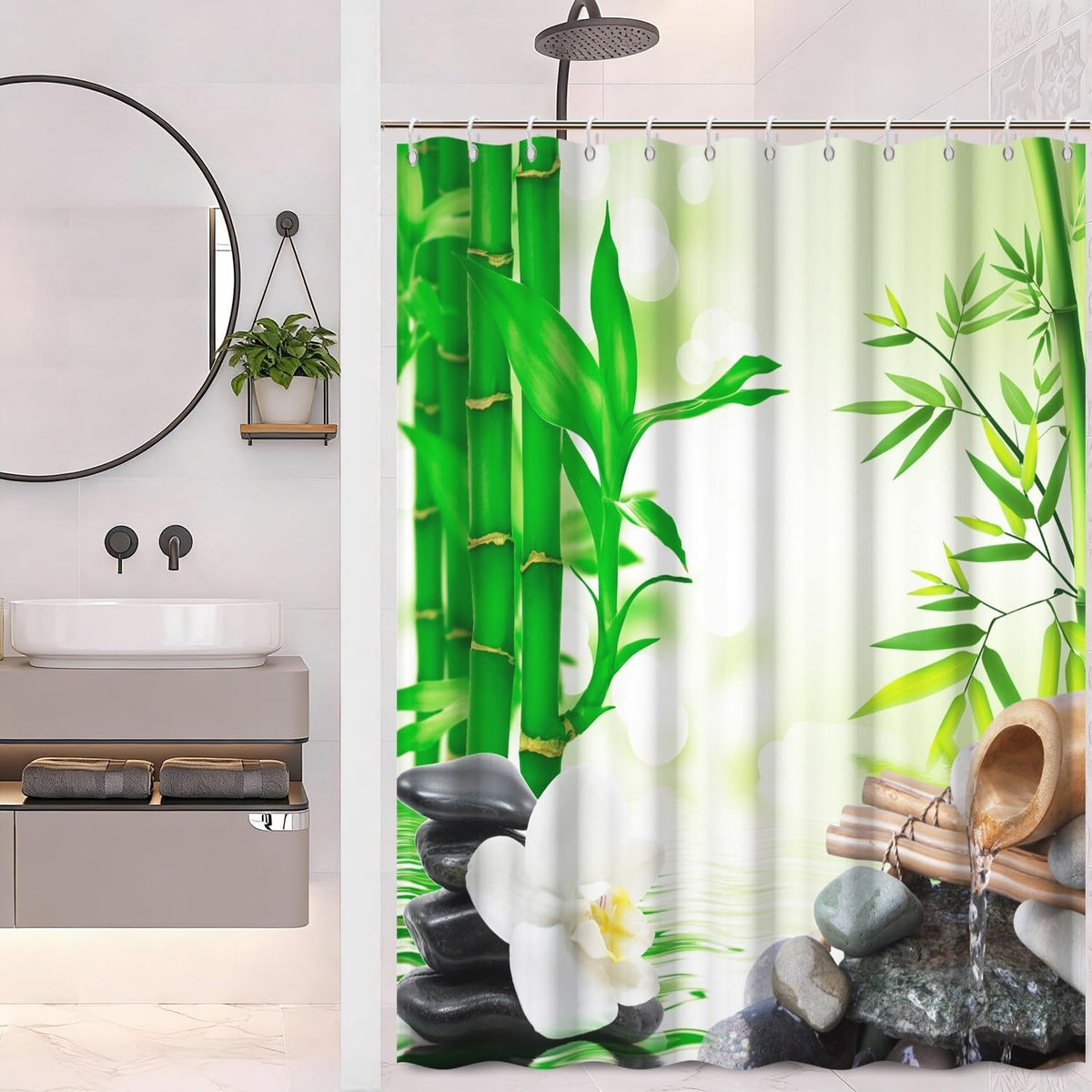 Zen Shower Curtains for Bathroom Zen Spa Shower Curtain Lotus Bamboo Stone Meditation Relaxing Waterproof Polyester Fabric Bath Curtain Set with Hooks Bathtub Home Decor 48x72 inch (48"W x 72"L (Pack of 1) / Green 07)