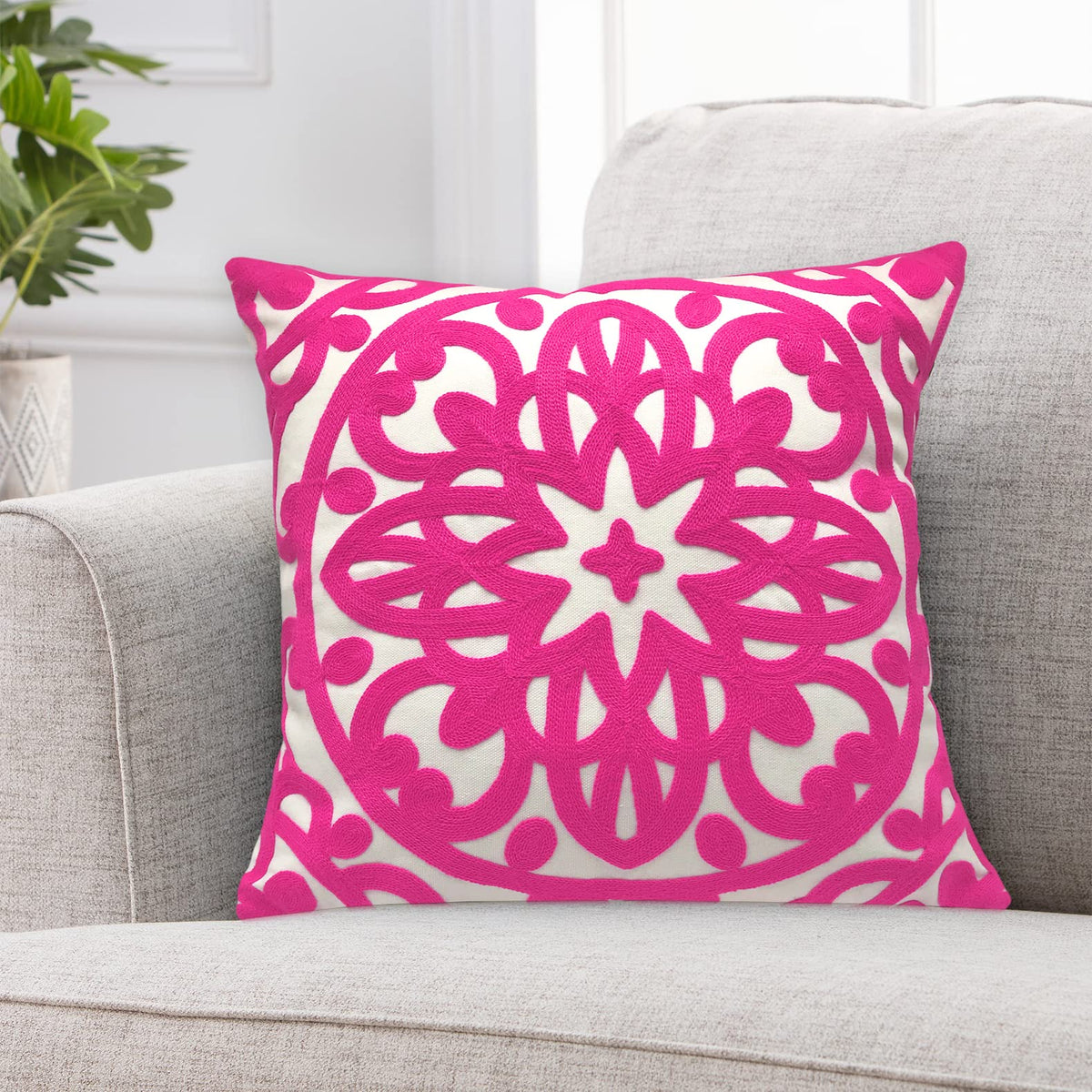 Embroidered Decorative Throw Pillow Cover 20"x 20" (Vivid Hot Pink / 20" x 20" (Pack of 1))