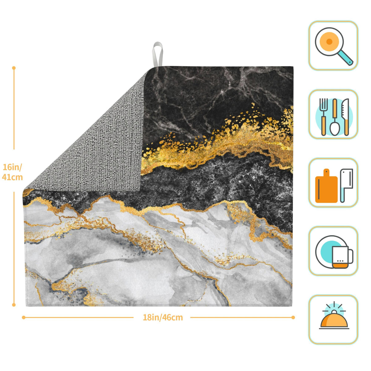 Black Gold Marble Dish Drying Mat for Kitchen Counter Gold and Black Grey Dish Drainer Rack Mats 16x18 Inches Absorbent Reversible Cute Drying Pad (Black/Gold / 16 x 18 inch)