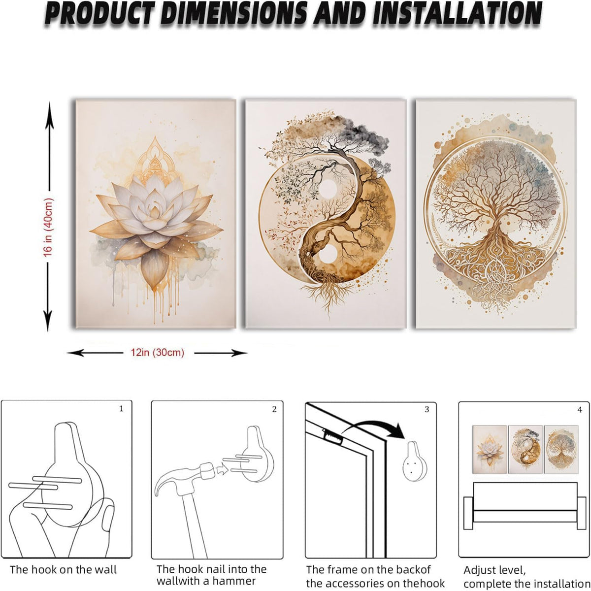 3 Piece 3 Piece Tree of Life Wall Art Zen Wall Decor Yoga Room Canvas Art Modern Gold Lotus Flower Pictures Spiritual Meditation Paintings Spa Artwork For Living Room Bathroom (Lotus Gold / 12x16in)