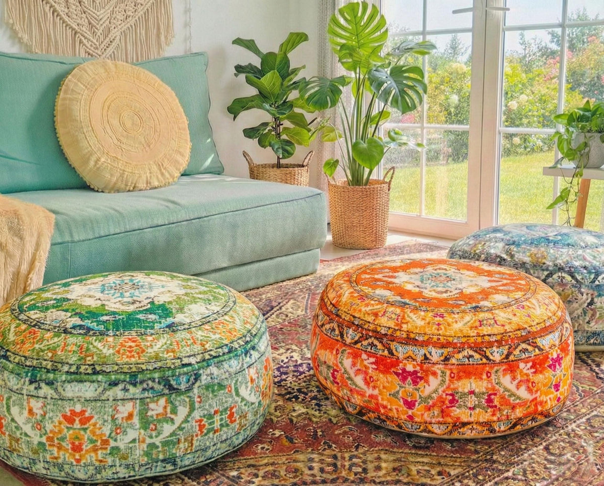 Colorful Pouf Cover Orange Round Orange Floor Pillow Seating Area Stool Boho Room Décor Accent Furniture Cotton 24x8 (24x8 Cover Only / Orange)