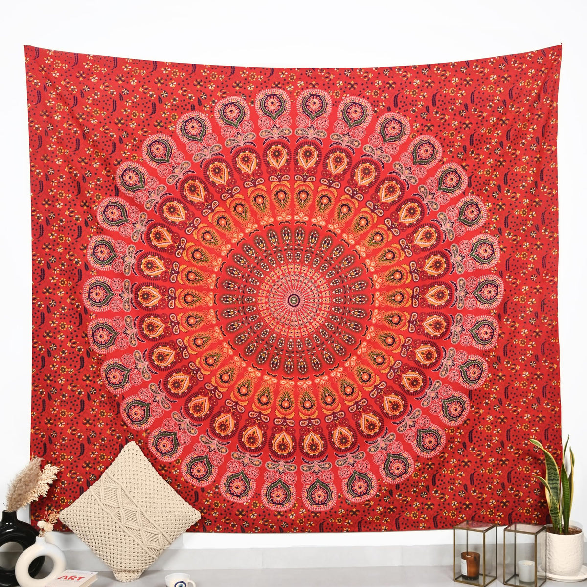 Hippie Wall Hanging Tapestry Golden Red King Size 90 x 84 Inches Boho Elephant Mandala Dorm Decor Meditation Bohemian Cotton Tapestries (Golden Red / 90"L x 84"W)