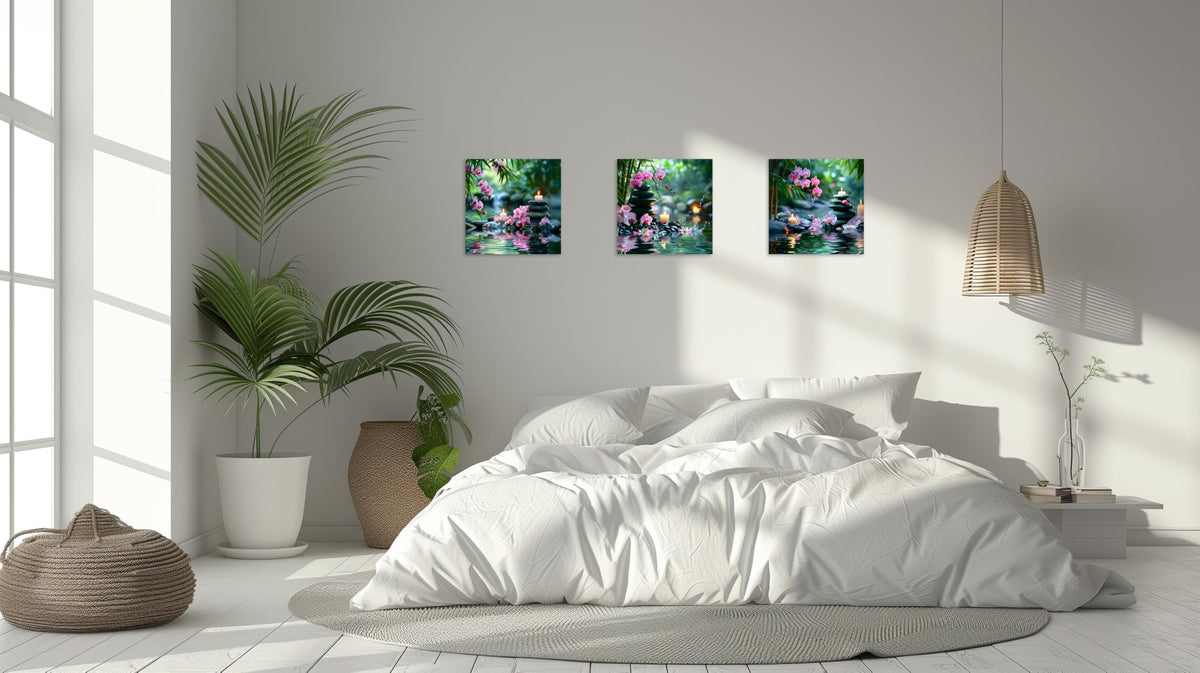 3 Pcs Zen Wall Art Zen Pictures for Bathroom Bamboo Pink Flower Spa Stone with Candles Picture Print on Canvas Zen Wall Art for Office for Home Decor Wall Decor Stretched and Framed 12x12inch (12x12inchx3 / Pink Zen 2)