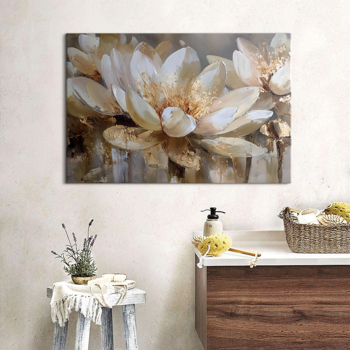 Lotus Flower Wall Art Abstract Floral Wall Decor Vintage White and Gold Flowers Canvas Wall Prints for Living Room Bedroom Zen Meditation Paintings Spa Yoga Posters Artwork Office Decoration 16x24" (24"L x 16"W / Lotus)