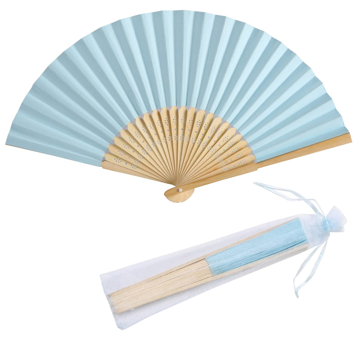 50pcs Paper Hand Fan with Organza Bags Bamboo Handheld Folding Fan DIY Decorative Wedding Party Favors (Light Blue)