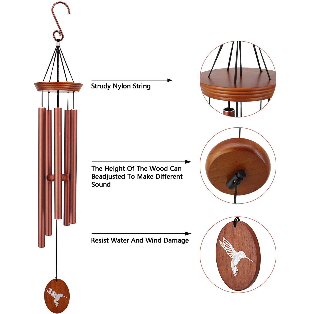 Hummingbird Wind Chimes for Outside (33" Red Hummingbird-1)