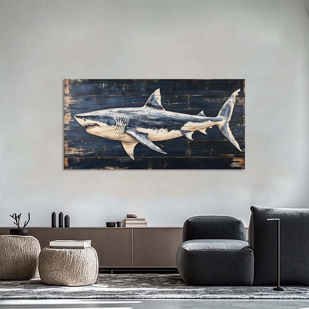 Rustic Great White Shark Canvas Wall Art Faux Wood Plank Painting Flat Print Gallery Wrapped Nautical Coastal Artwork for Living Room Bedroom Bathroom Decor (Retro / Great White Shark 12 / 46"L x 23"W)
