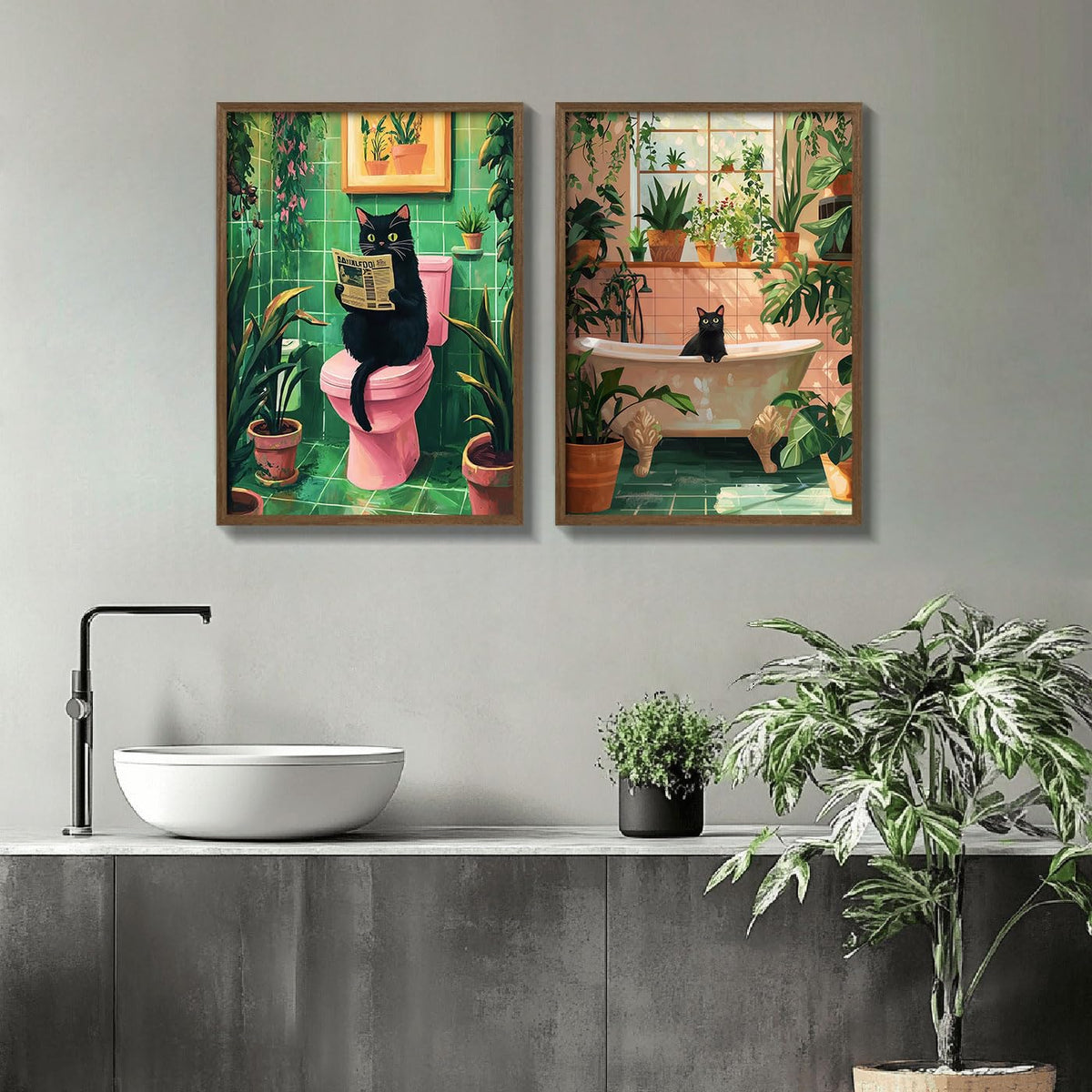 2 Pcs Wooden Framed Green Plant Bathroom Black Cat Wall Art Animal Bathroom Decor Painting Modern Canvas Prints Vintage Plant Poster Gallery Style Home Artwork 16X24Inch (Green Plant Black Cat / 16"L x 24"W)