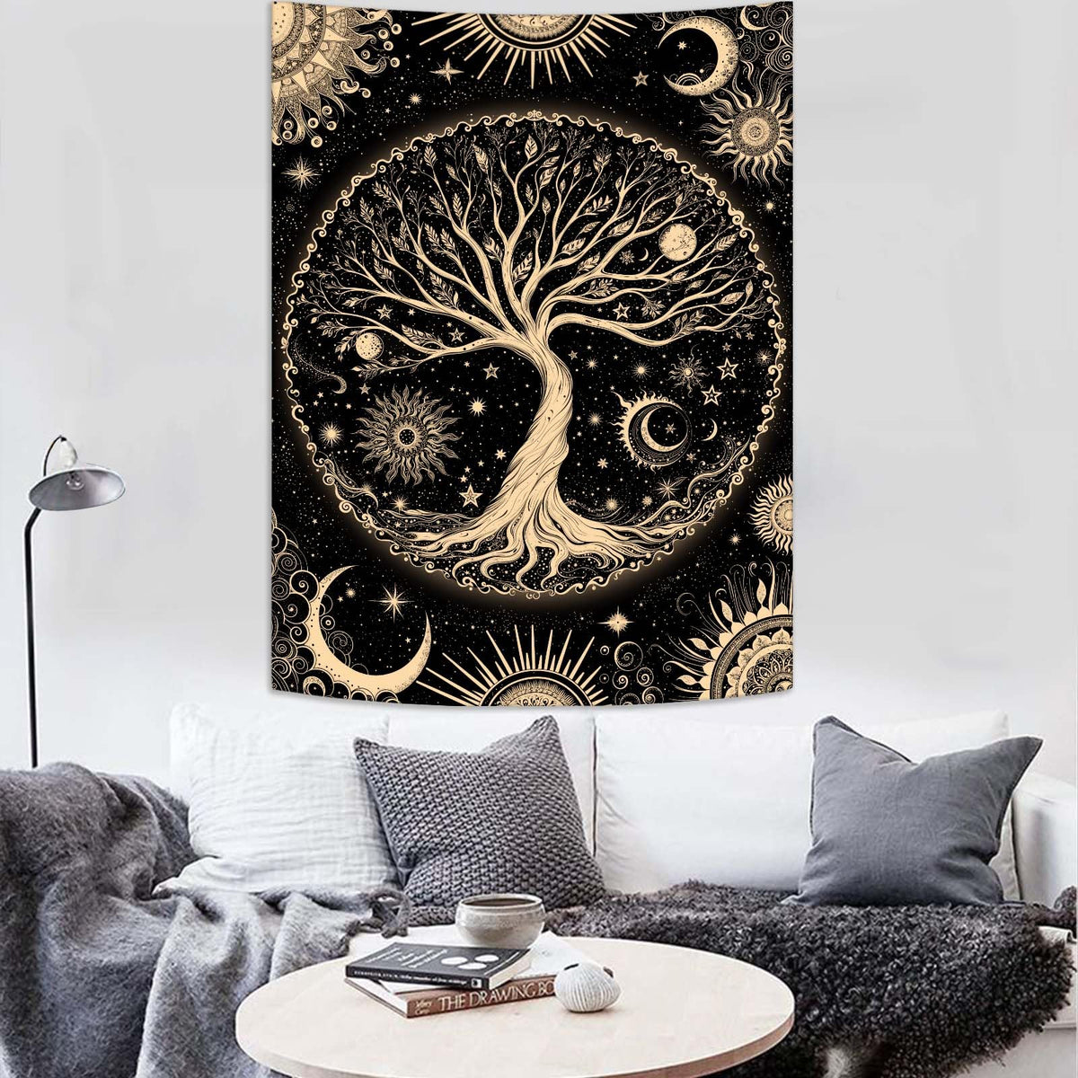 Tree of Life Tapestry Starry Sky Wall Tapestry (Golden Black / 60"L x 44"W)